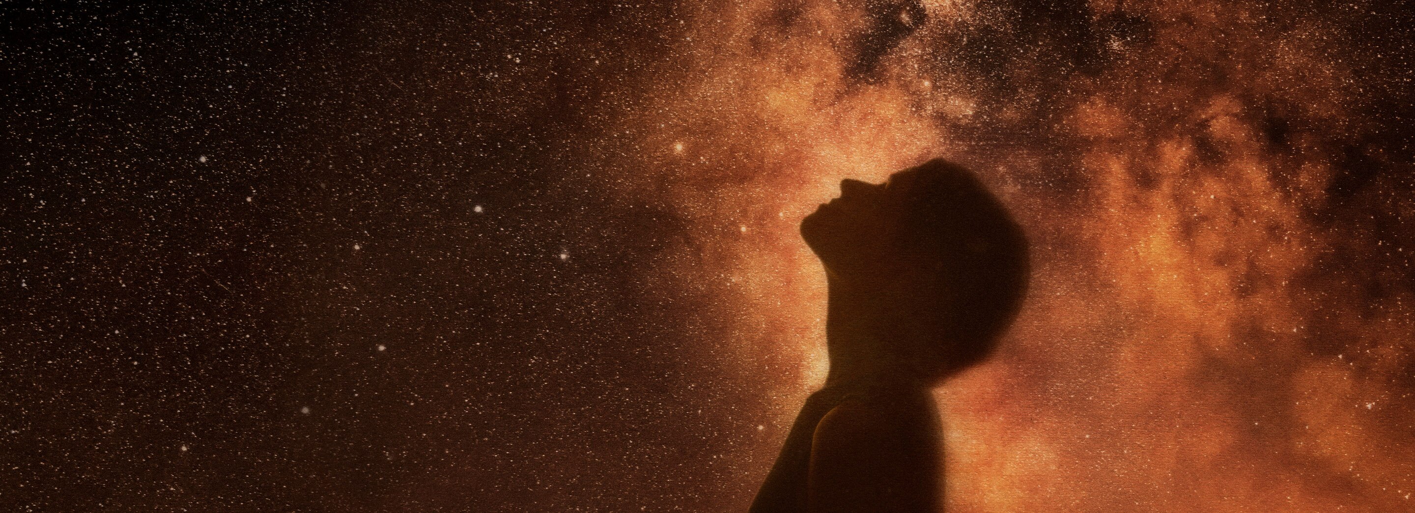 A silhouette of a person gazing upwards against a cosmic background filled with stars and swirling nebulae.