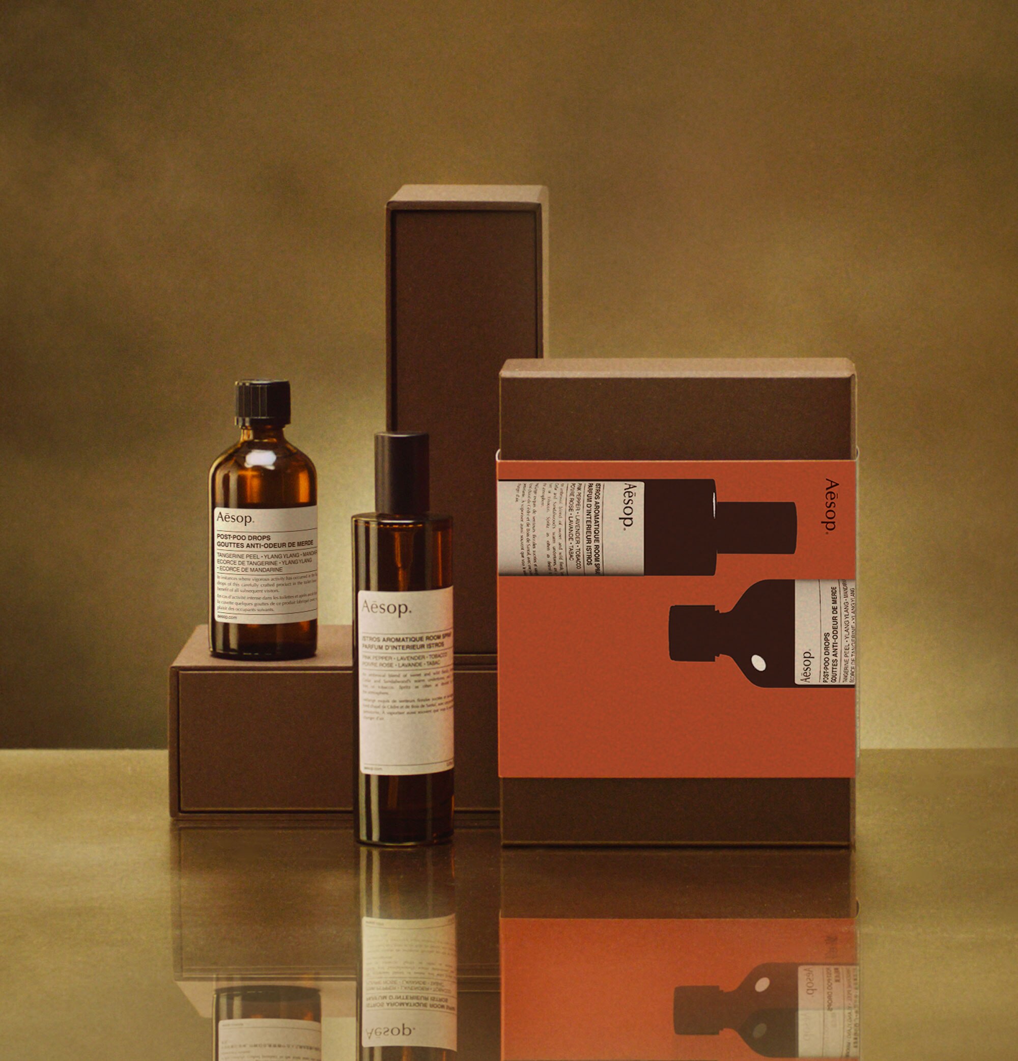 Aesop Dignity in the Lavatory festive gift kit on a brass countertop.