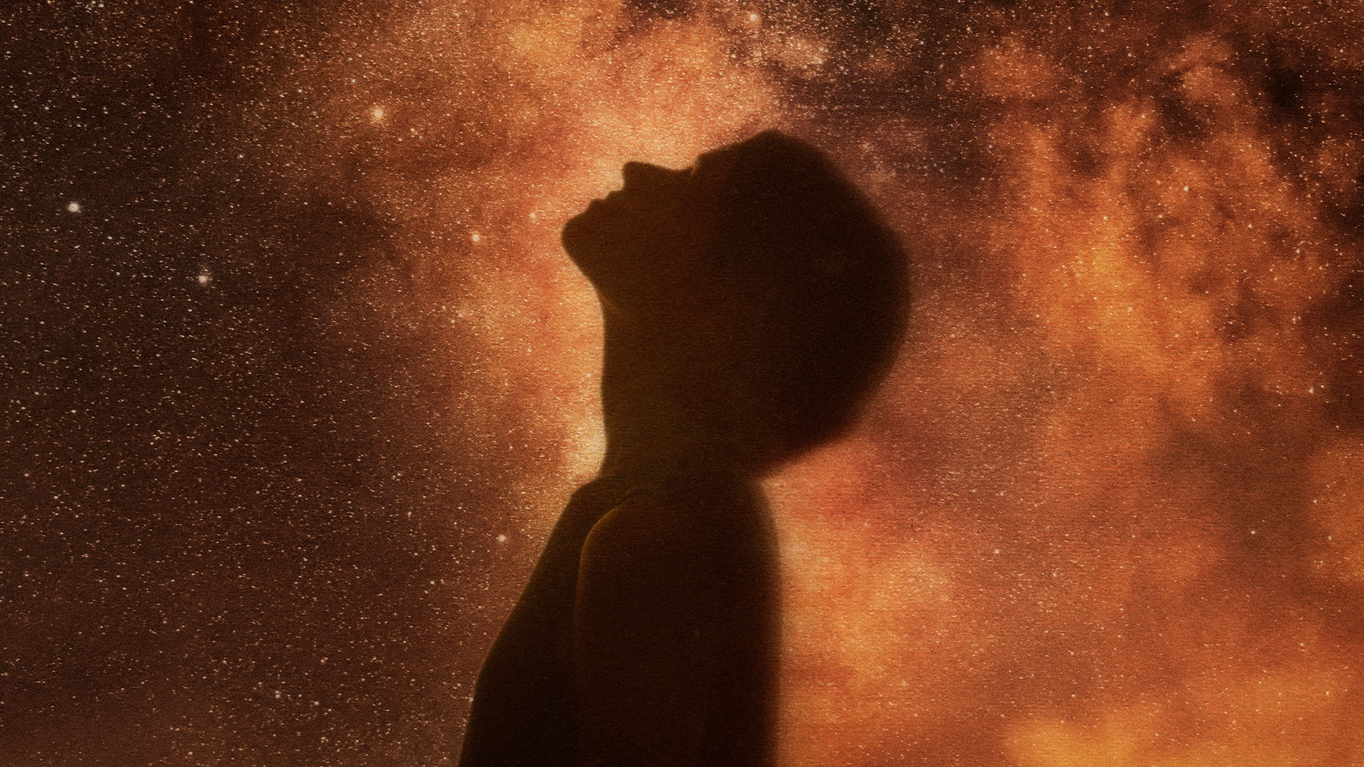 The shadow of a person in front of the night sky full of stars.