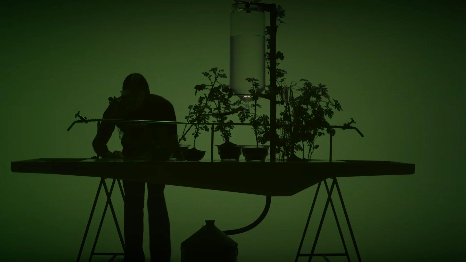 A silhouetted figure standing at a dark green-lit table with plants and a large transparent container of water.